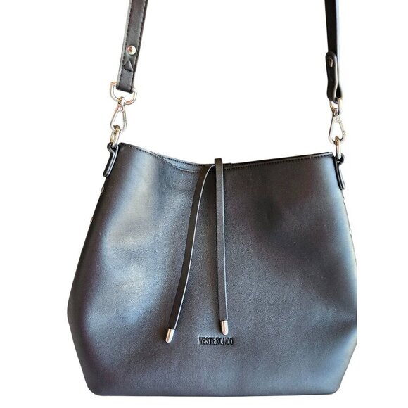 Westbronco Black Faux Leather Bucket Bag With Adjustable Strap & Metallic Accent - Picture 2 of 14